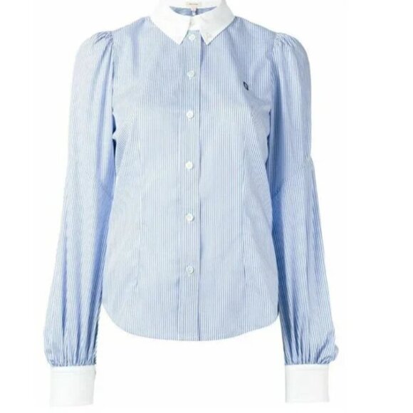 Marc Jacobs Shirt Womens 10 Blue Striped Button Up Bishop Long Sleeve Cotton - Picture 1 of 9